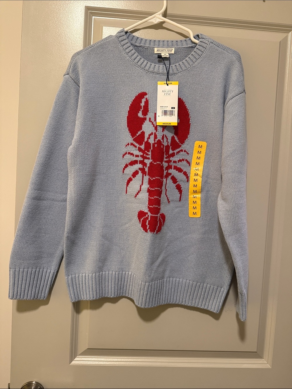 Mighty Fine Light Blue Crewneck Sweater with Red Lobster Graphic